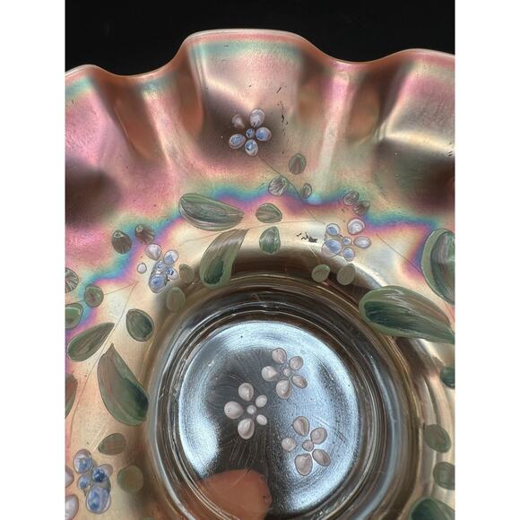 Antique Dugan Enameled Single Flower Opalescent Peach Carnival Glass Bowl 9” - Picture 10 of 11